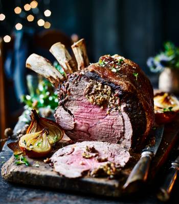 Porcini, bacon and sage roast rib of beef with port gravy