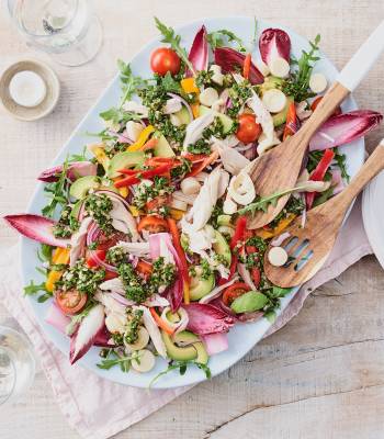 Rotisserie chicken salad with hearts of palm and chimichurri dressing