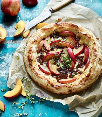 Nectarine, goats' cheese and caramelised onion galette