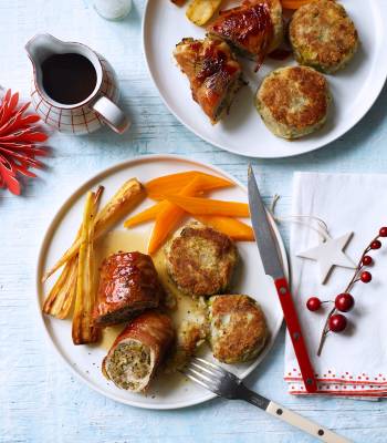 Turkey & stuffing roulades with sprout and chestnut potato cakes