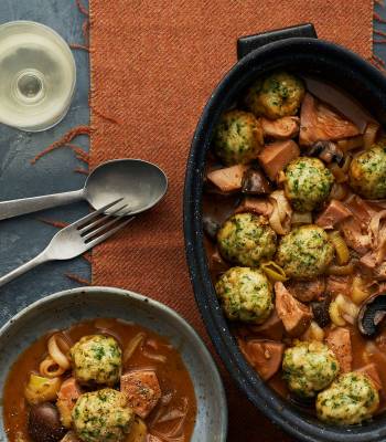 Jackfruit and mushroom stew with herb dumplings