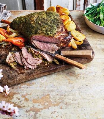 Roast leg of lamb with a watercress and caper crust