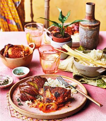 Chicken yassa with hasselback sweet potato