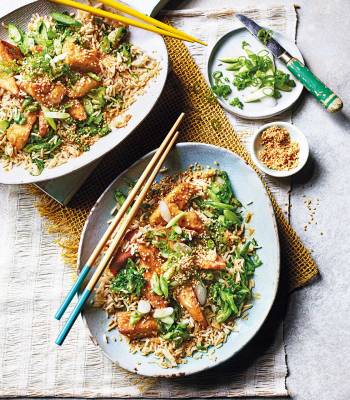 Sticky soy and sesame tofu with broccoli rice
