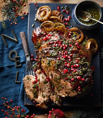 Spiced pomegranate and clementine slow-roast lamb leg
