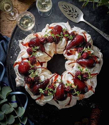Red wine pear pavlova wreath