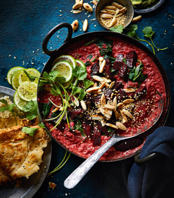 Roasted beetroot dhal with homemade coriander chutney