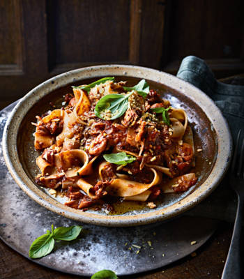 Braised jackfruit and walnut ragu with pappardelle and 'Parmesan' crumb
