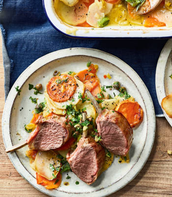 Roasted lamb rack with boulangère potatoes and preserved lemon salsa