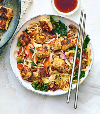 Coconut tofu stir-fry and noodles