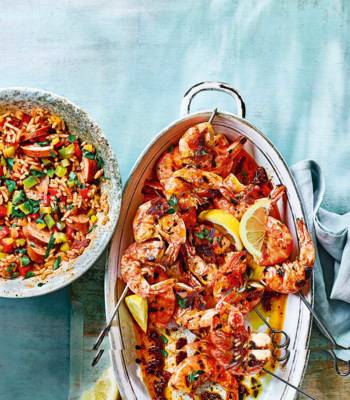Creole-style prawn kebabs with jambalaya rice