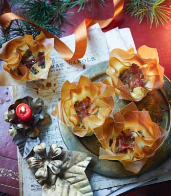Bacon, mushroom and chestnut filo cups