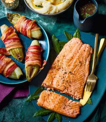 Seared salmon with tarragon red wine sauce and braised chicory
