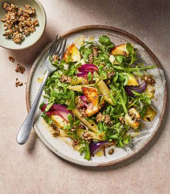 Warm roasted pear and halloumi salad
