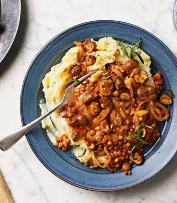 Lentil and mushrooms stew with rosemary mashed potato
