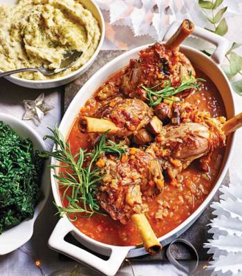 Port and chestnut braised lamb shanks with parsnip and stilton purée