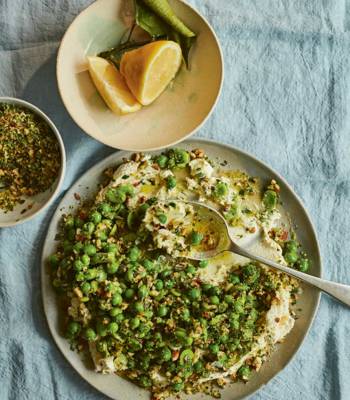 Fresh peas and broad beans with ricotta, almonds and lemon