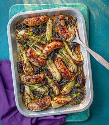 Sticky sausage, date and mustard traybake
