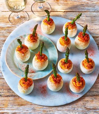 Mustard-mayo eggs with roasted asparagus and bacon