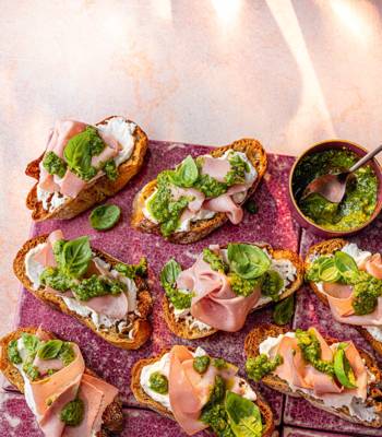 Mortadella and whipped ricotta crostini