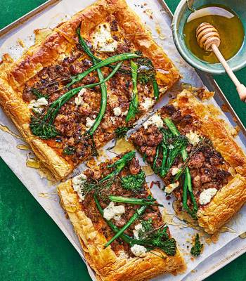Sausage and broccoli traybake tart 