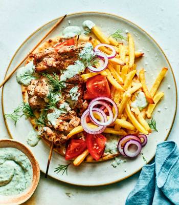 Minted pork souvlaki with herby yogurt