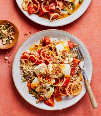 Silken tofu with spicy tomatoes and peanut crunch