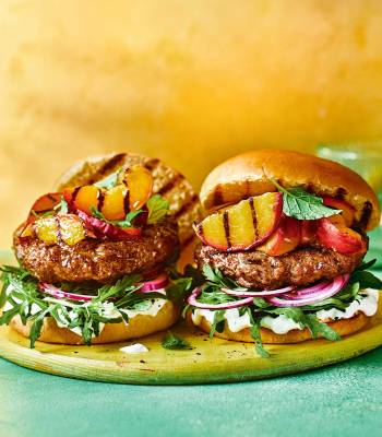 Balsamic beef burgers with whipped feta and charred peaches