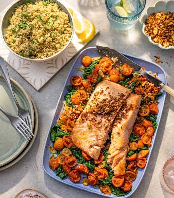 Roast salmon with tomatoes and almond pangrattato