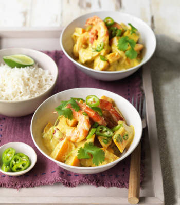 Spiced squash and prawns with coconut and chilli