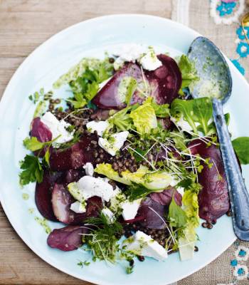Puy lentil, goats’ cheese and beetroot salad