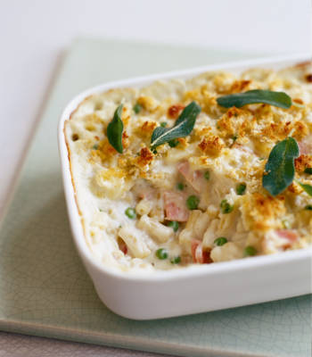 Cheat's macaroni cheese with ham, peas and Stilton
