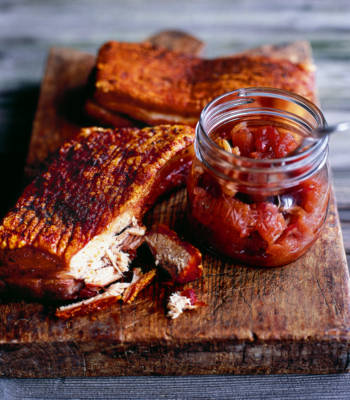 Roast pork belly with apple, sour cherry and fennel chutney 
