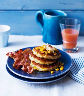 Sweetcorn ricotta pancakes with sweet crispy bacon