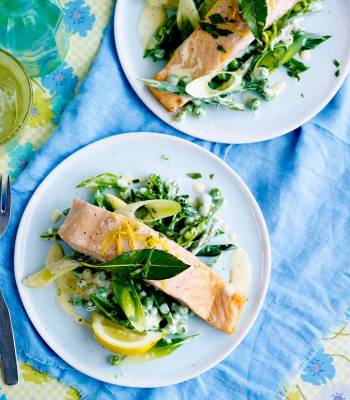 Bay-steamed salmon with tarragon veg 