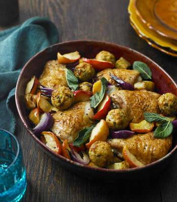Easy roast chicken with apples and mini stuffing balls 