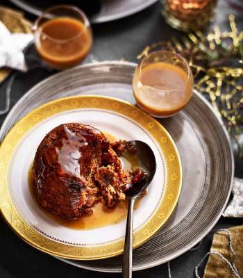 Gluten-free mini Christmas puddings with spiced toffee sauce