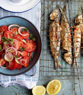 Barbecued piri piri sardines with tomato and onion salad  