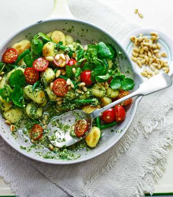 Pan-fried gnocchi with watercress-mint pesto