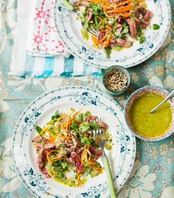 Seared beef salad with carrot noodles and tahini dressing