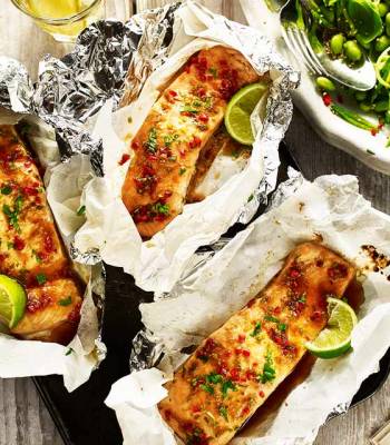 Soy and ginger salmon parcels with sesame sugar snap salad 