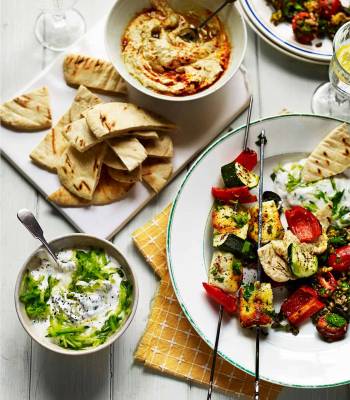 Veggie halloumi kebabs with freekeh, orange and walnut salad