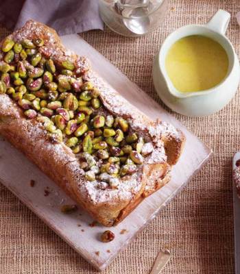 Pistachio cake with creme anglaise