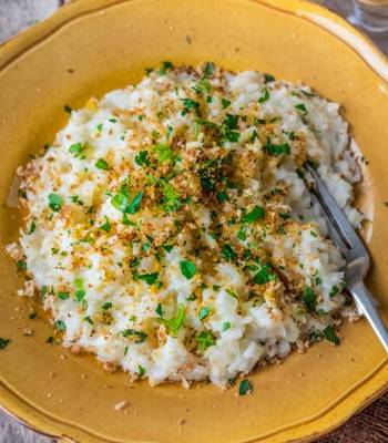 Fennel and mascarpone risotto with lemon, garlic and pecorino crumbs 