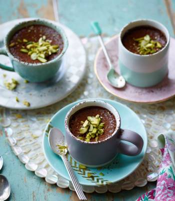 Chocolate, sour cherry and pistachio pots
