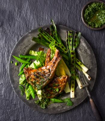 Barbecued chermoula lamb chops with herb sauce