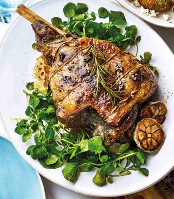 Slow-roast lamb leg with watercress, anchovy and capers
