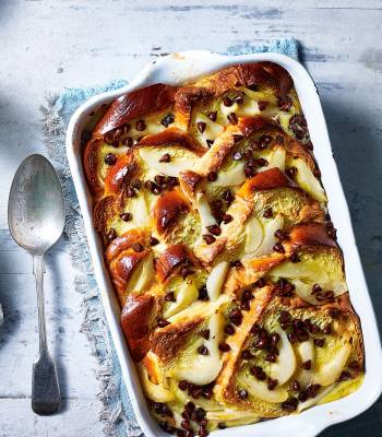 Pear and chocolate brioche pudding
