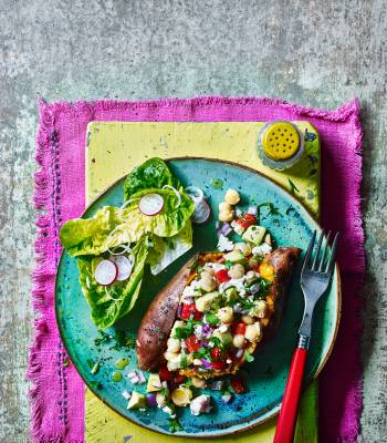 Sweet potatoes stuffed with chickpeas and feta