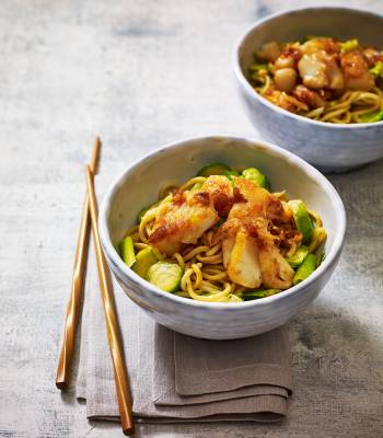 Teriyaki cod and Brussels sprout noodles